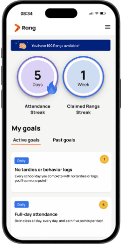 Mobile screenshot of a student's attendance streaks and goals