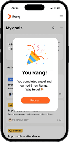 Mobile screenshot congratulating a student on earning Rangs