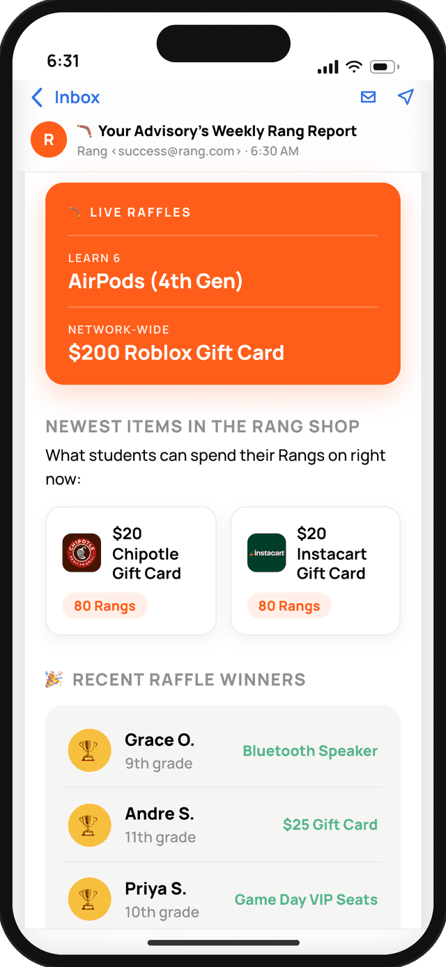 Mobile screenshot of an advisory's weekly Rang report email
